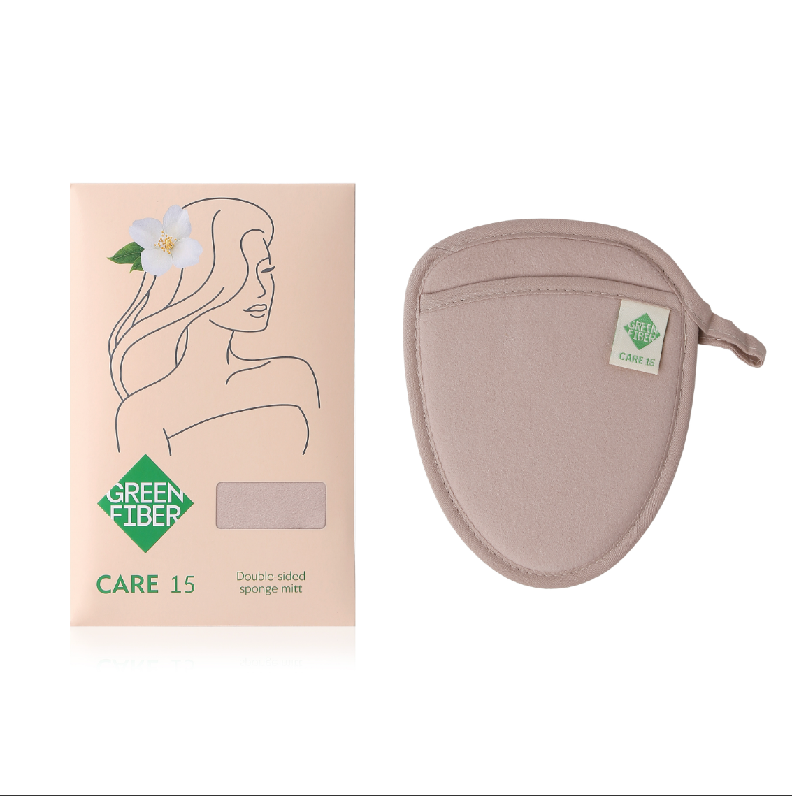 17 Green Fiber CARE 15 Double-sided Sponge Mitten, Beige - Image 1